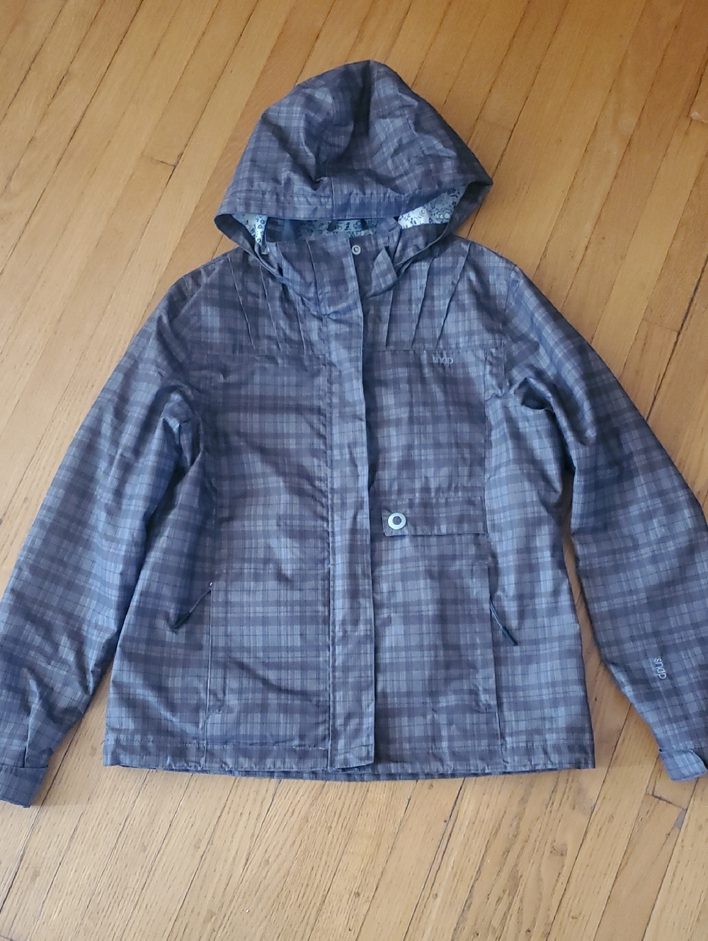 Snap Plaid Hooded Varsity Jacket in Gray and Brown